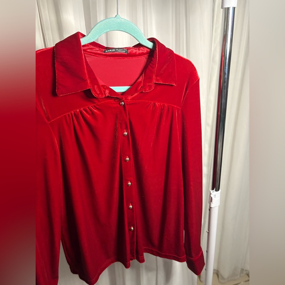 SHEIN Red Velvet Button Down Shirt